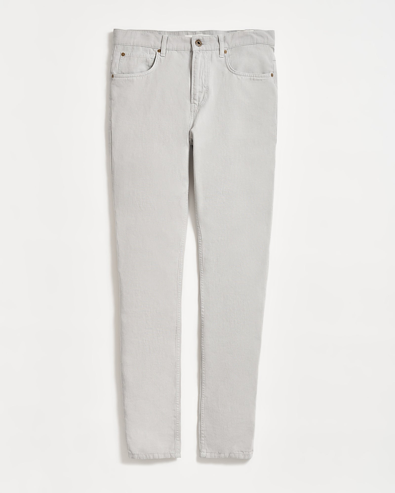 A pair of light grey, slim-fit jeans with five pockets, belt loops, and a button closure, displayed flat on a white background.