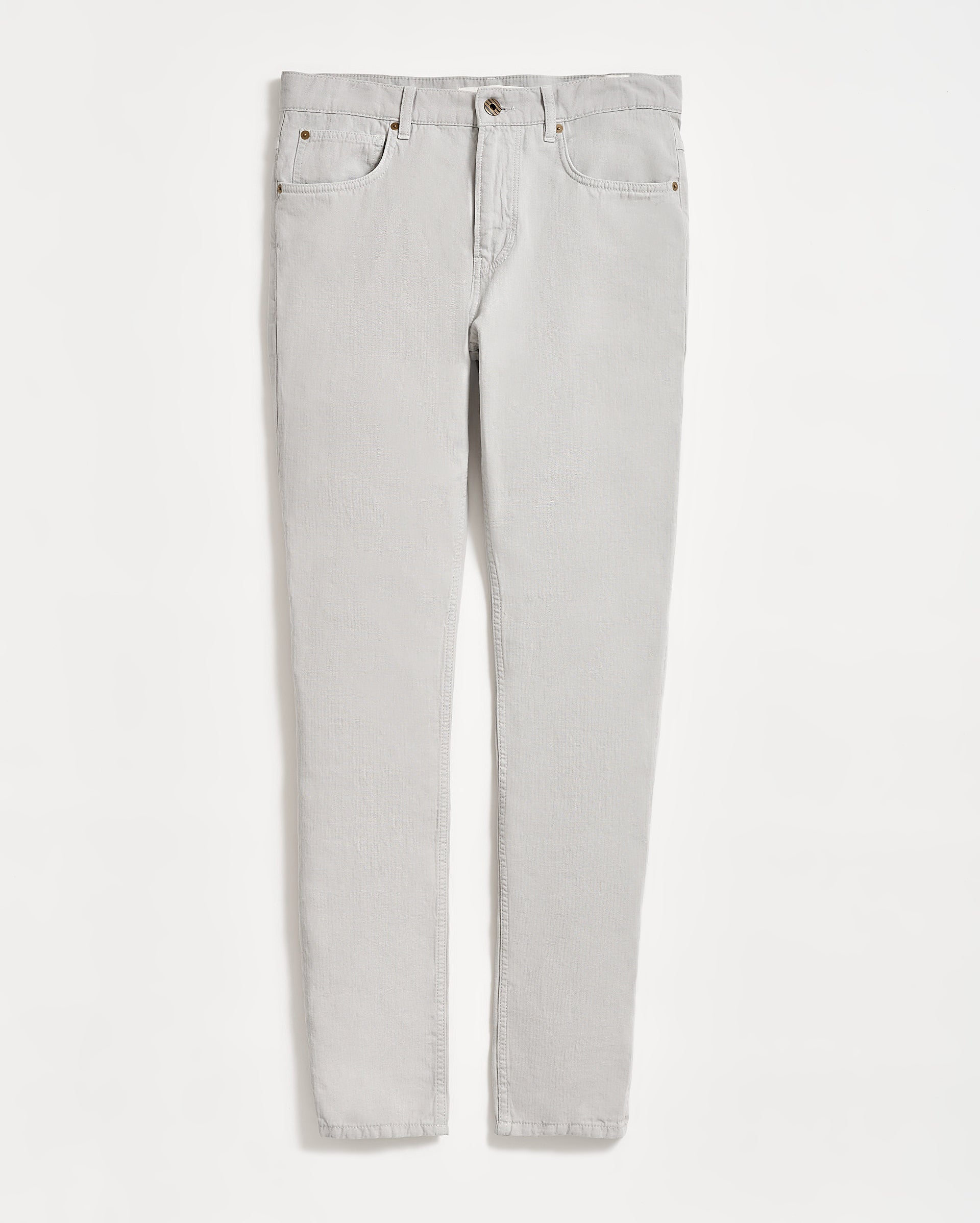 A pair of light grey, slim-fit jeans with five pockets, belt loops, and a button closure, displayed flat on a white background.