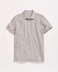 A short-sleeve, light gray polo shirt with thin, horizontal black stripes, a collar, and three buttons down the front, laid flat on a white background.