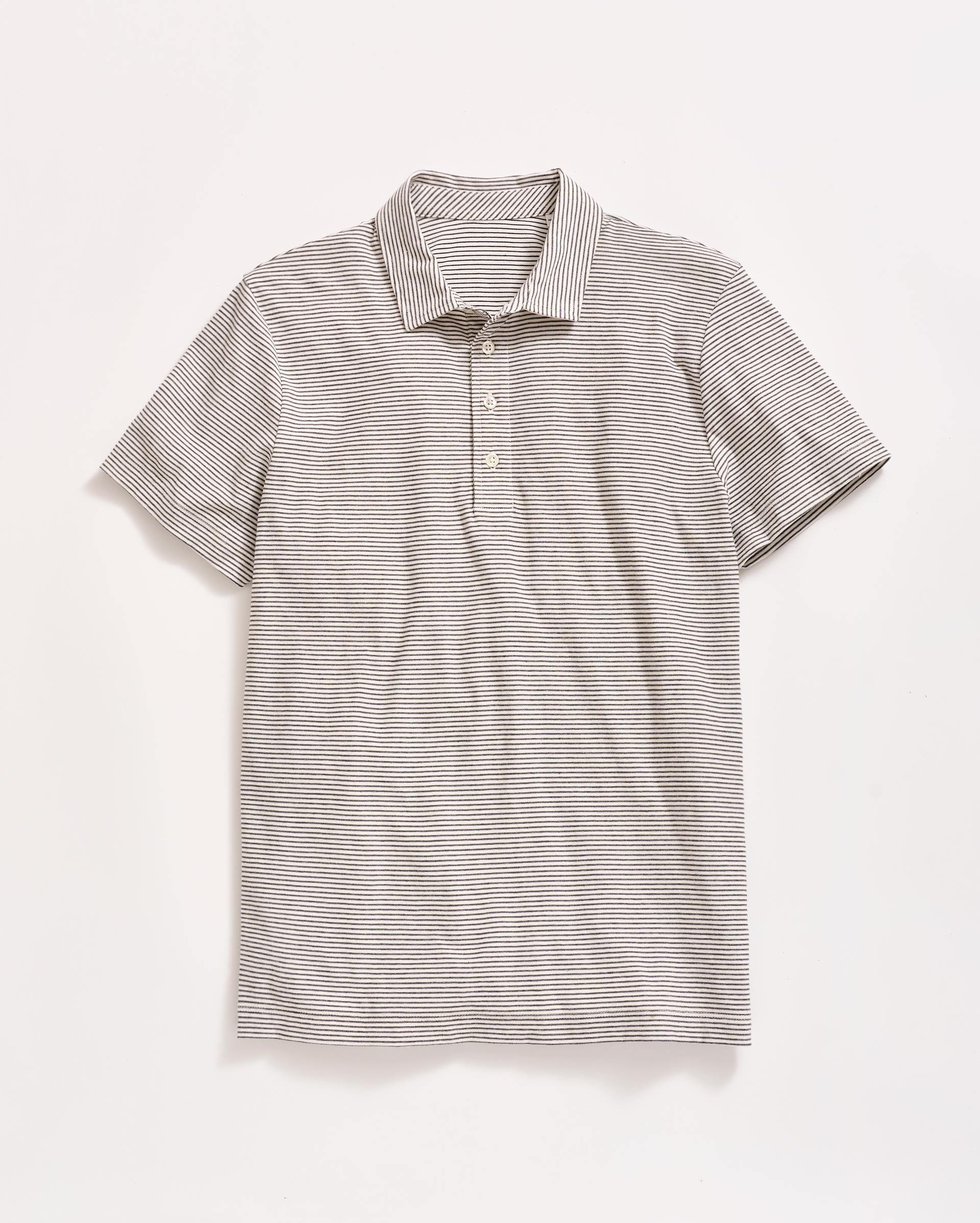 A short-sleeve, light gray polo shirt with thin, horizontal black stripes, a collar, and three buttons down the front, laid flat on a white background.