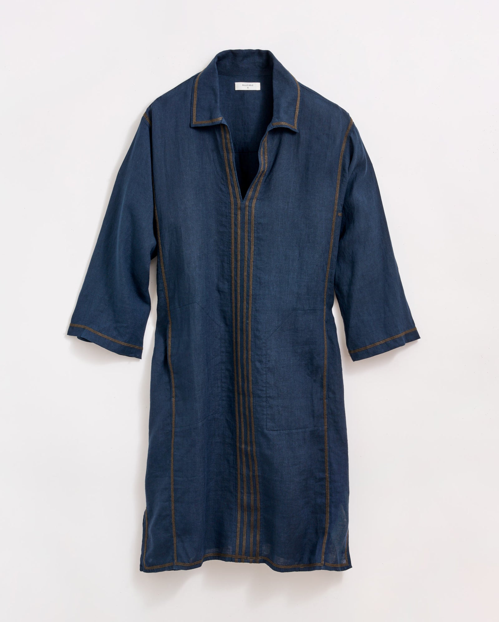 A knee-length, long-sleeve, dark blue denim dress with brown vertical stitching details and a collar, displayed against a plain white background.