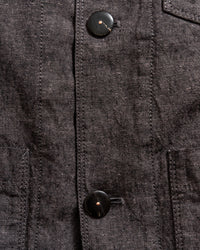 Close-up of a dark gray fabric jacket with two black buttons and visible stitching. The texture of the fabric and part of a pocket are also visible.