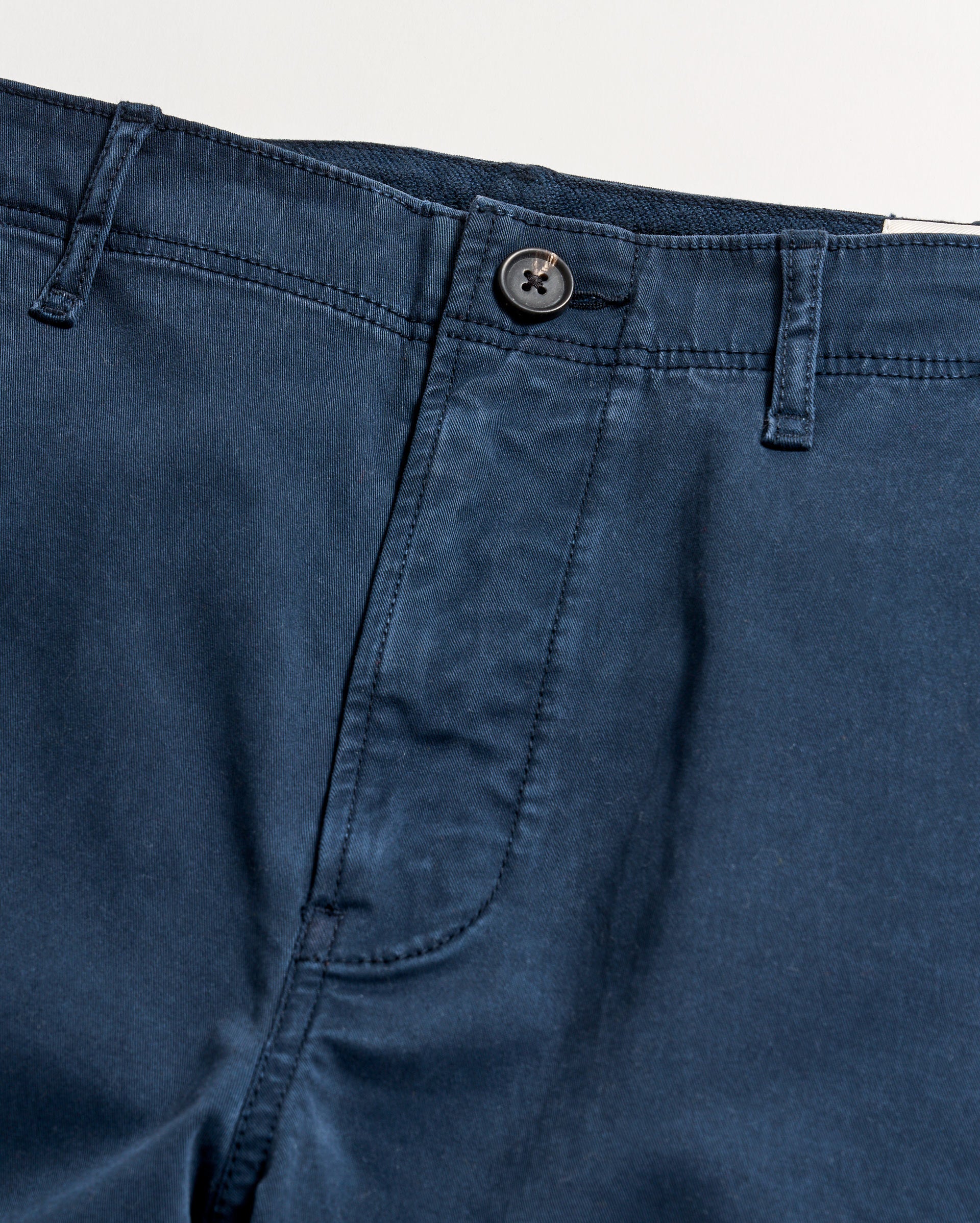 Close-up of the waistband and fly area of a pair of blue pants with a button closure and belt loops, shown on a light background.