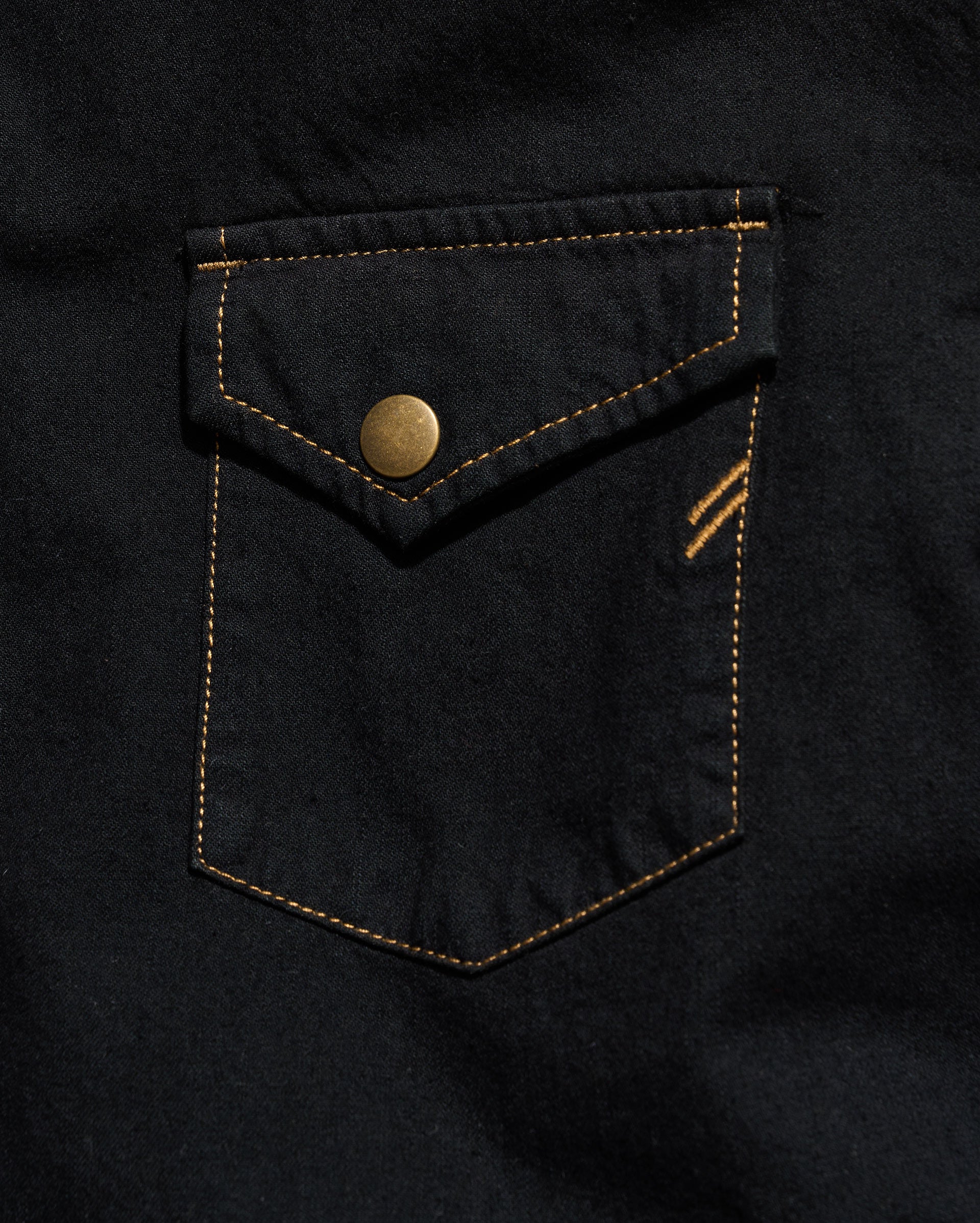Close-up of a black pocket with a gold button and stitching on a dark background