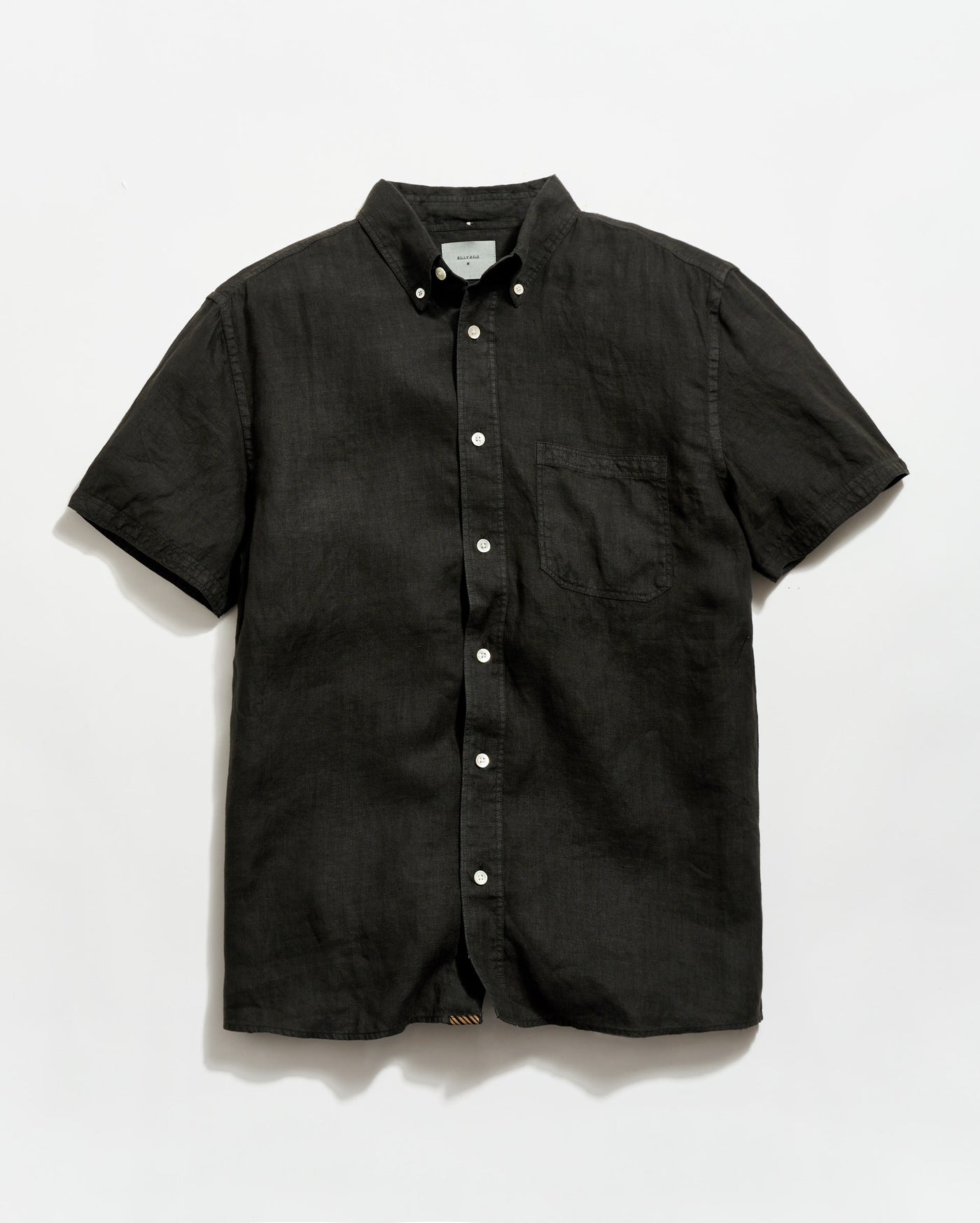 Black short-sleeve button-up shirt on a white background