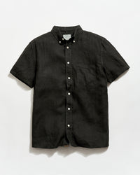 Black short-sleeve button-up shirt on a white background