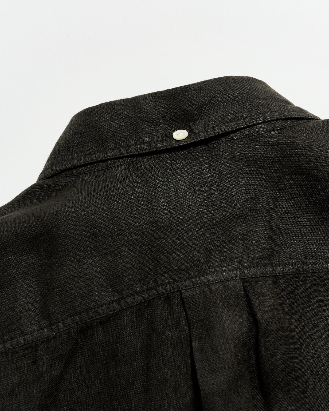 Close-up of a black jacket collar with a button on a light gray background