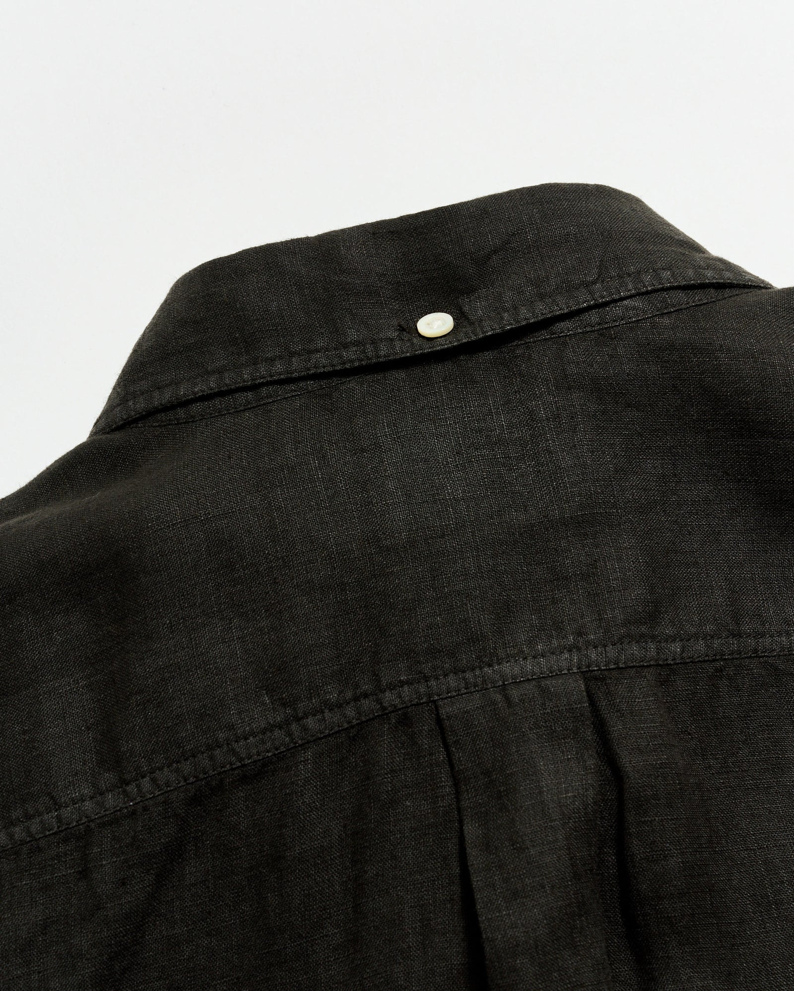 Close-up of a black jacket collar with a button on a light gray background