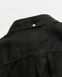Close-up of a black jacket collar with a button on a light gray background