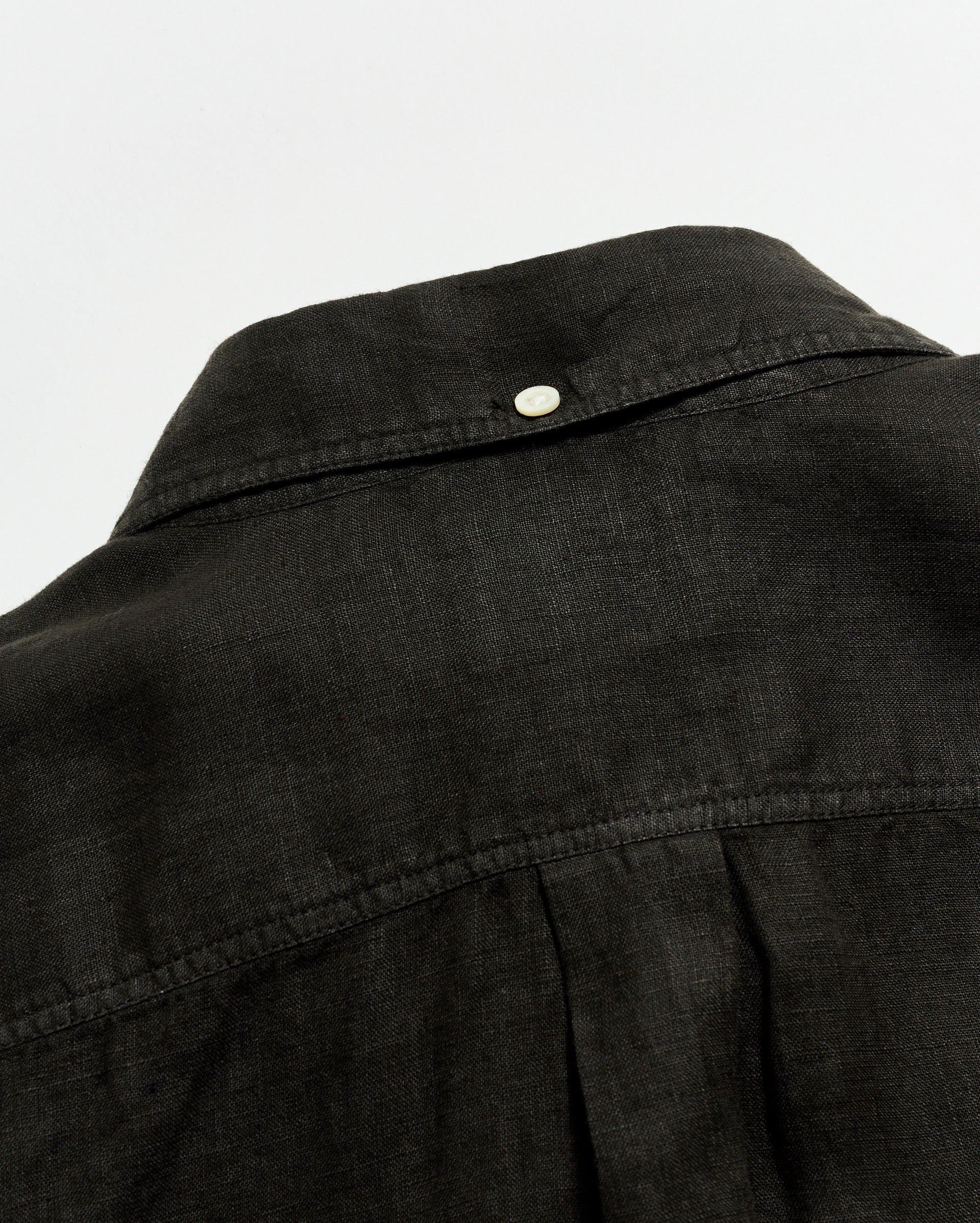 Close-up of a black jacket collar with a button on a light gray background