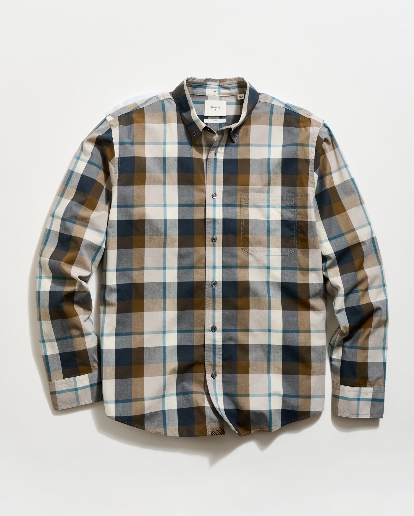 Plaid shirt with brown, blue, and beige pattern on a white background