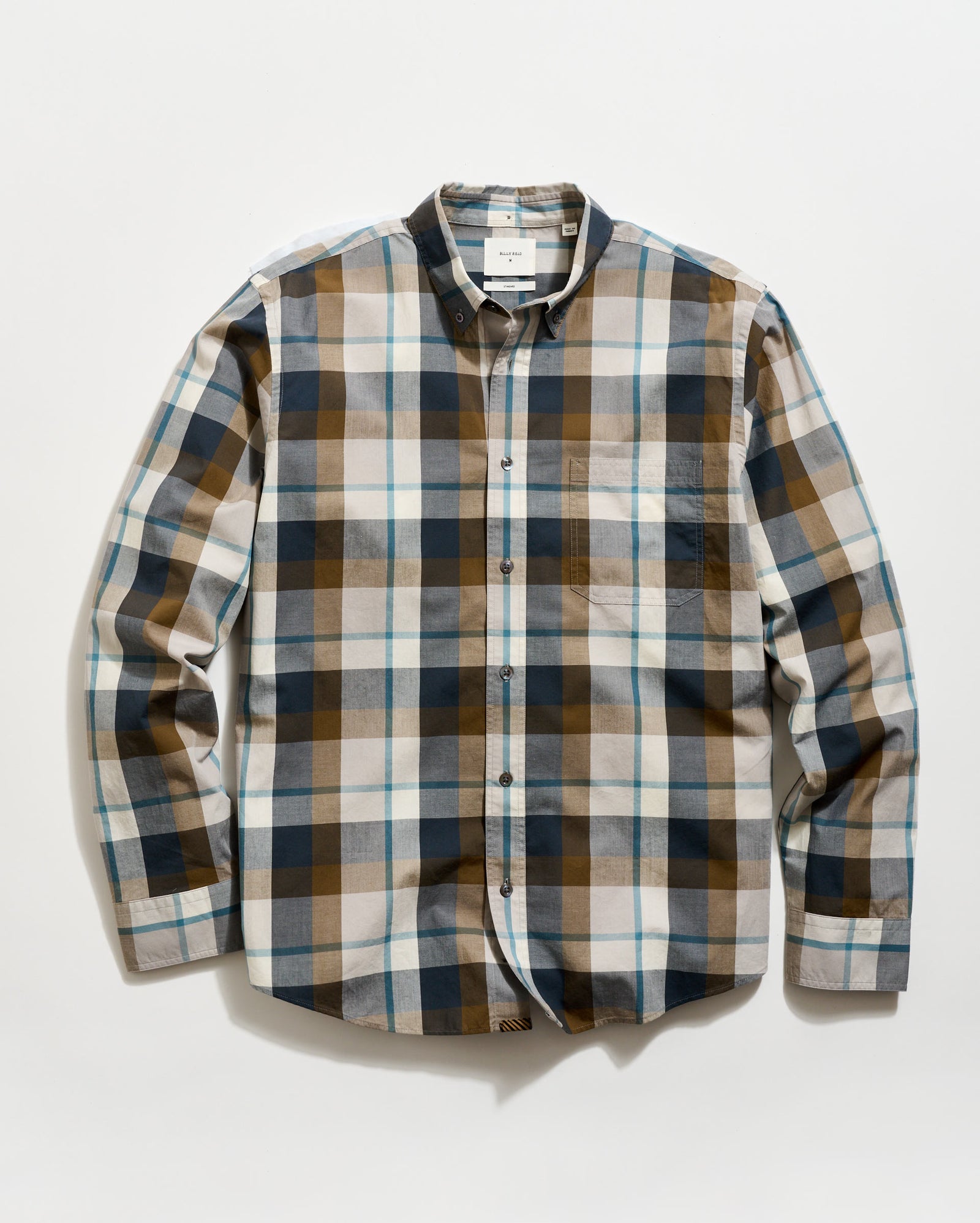 Plaid shirt with brown, blue, and beige pattern on a white background