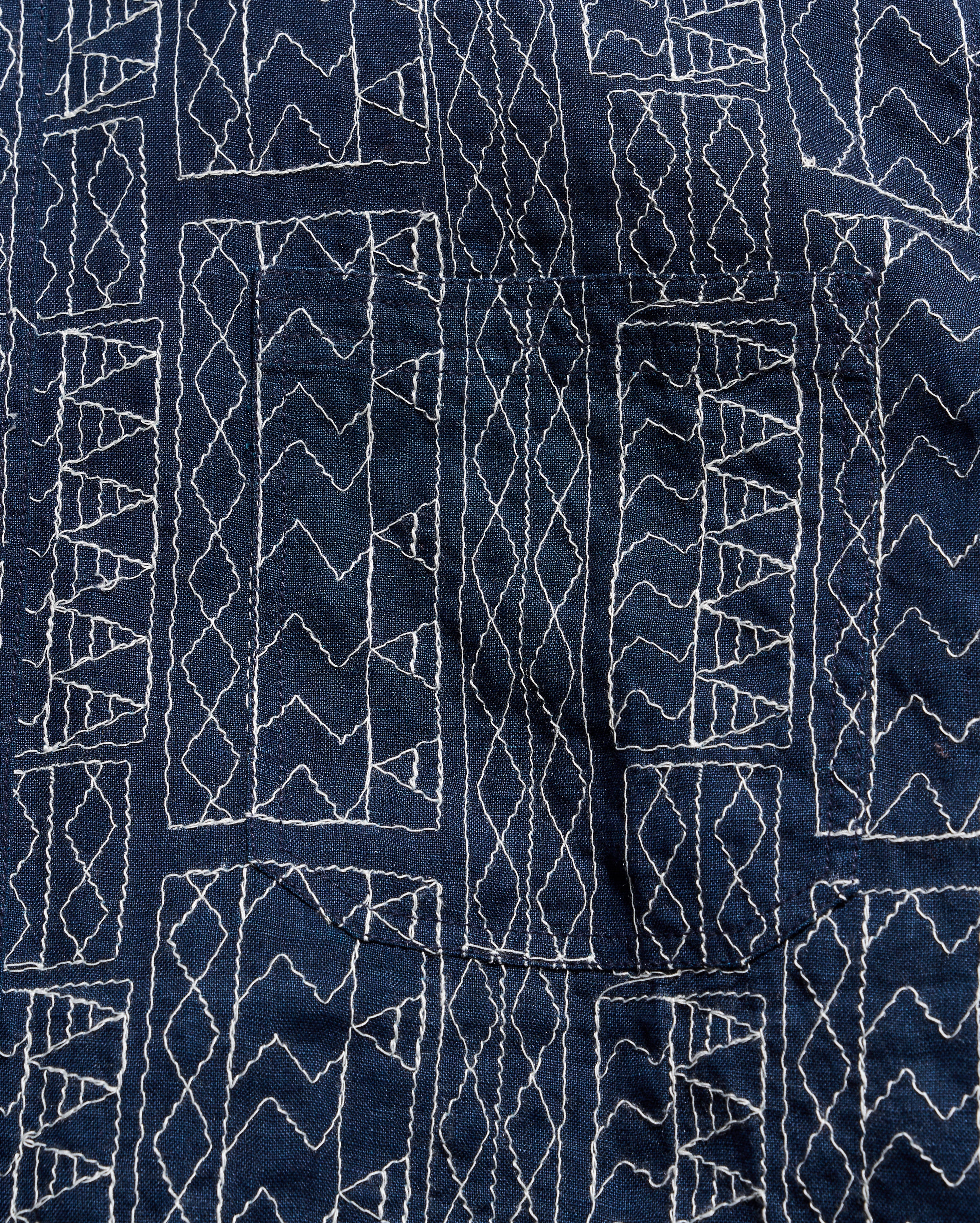 Navy blue fabric with white geometric patterns