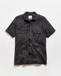 Black short-sleeve shirt with two pockets on a white background