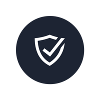 A white shield with a checkmark inside it is centered on a dark blue circle, symbolizing security or verification, against a light gray background.