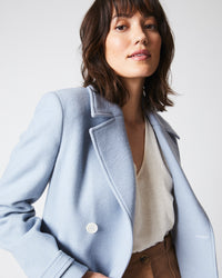 Female model wears the Macdougal Coat in Light Blue